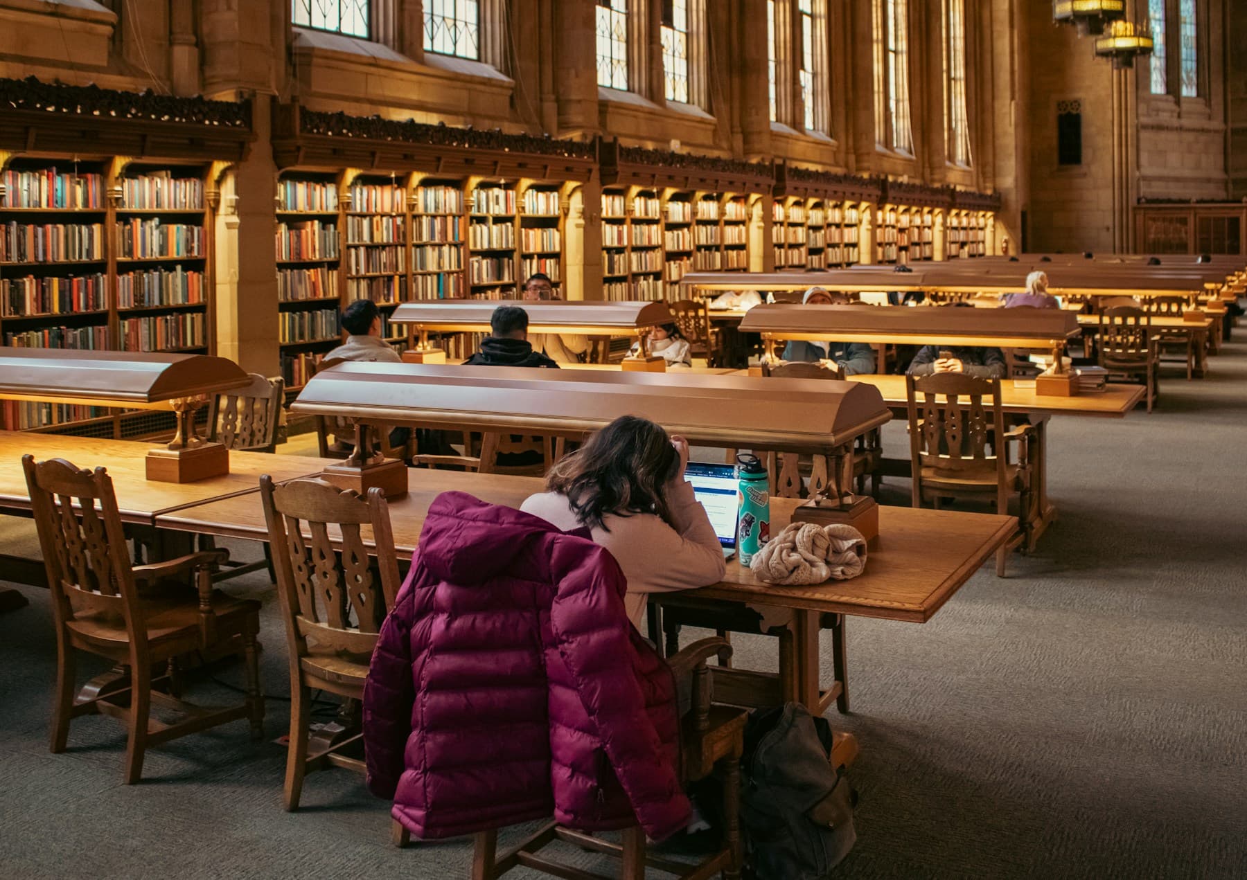 Students working at tables in a university library study space.